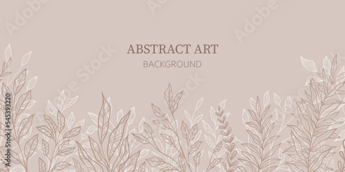 Leaves branch and Hand Drawn doodle Scribble floral plants banner. Abstract leaf. Creative minimalist art background