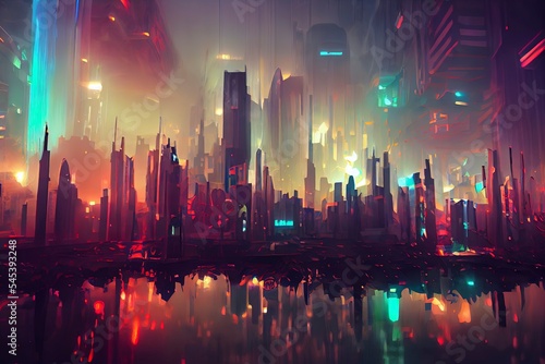 Beautiful landscape of fantasy cityscape and colorful background, digital illustration art, fantasy scene concept. Cyberpunk. Great as wallpaper, backdrop or for use in your art projects.