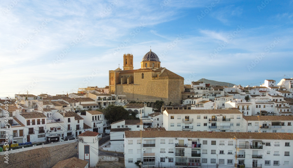 Aerial image of the town of Altea in Alicante (Spain) with its typical white houses with its church in the center of the image famous for its dome