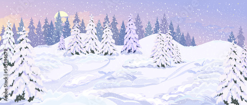 Wonderful winter landscape with snowy hills, falling snow. Snow-covered fir trees, snow drifts, paths. Panoramic background of a snowy landscape. Winter vacation day. The concept of Christmas