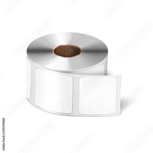 Label sticker roll vector mock-up. White blank square adhesive labels on bobbin mockup