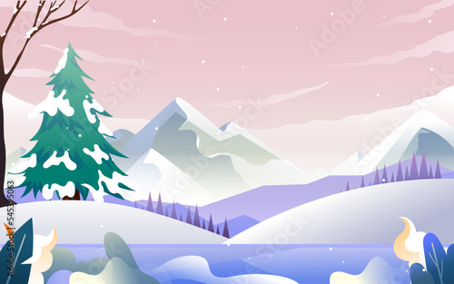 Athlete skiing outdoors in winter with snowy mountains and forest in the background, vector illustration