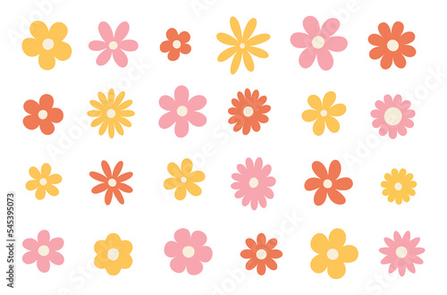 Hippy groovy daisy flowers set. Retro vintage  style, hand drawn decorative elements. 60s, 70s, icon flower, pastel colors, kids cute decor. Flat cartoon illustration.