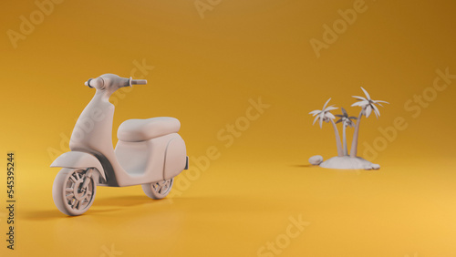 Foto 3d render of a white moped on an orange background, behind an island with palm trees