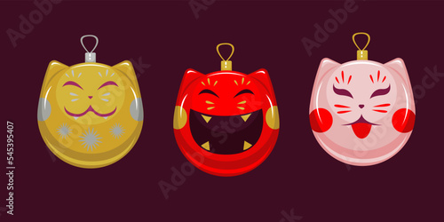 bright Christmas tree toys. cat heads. funny kittens. New Year's set. golden and red christmas balls