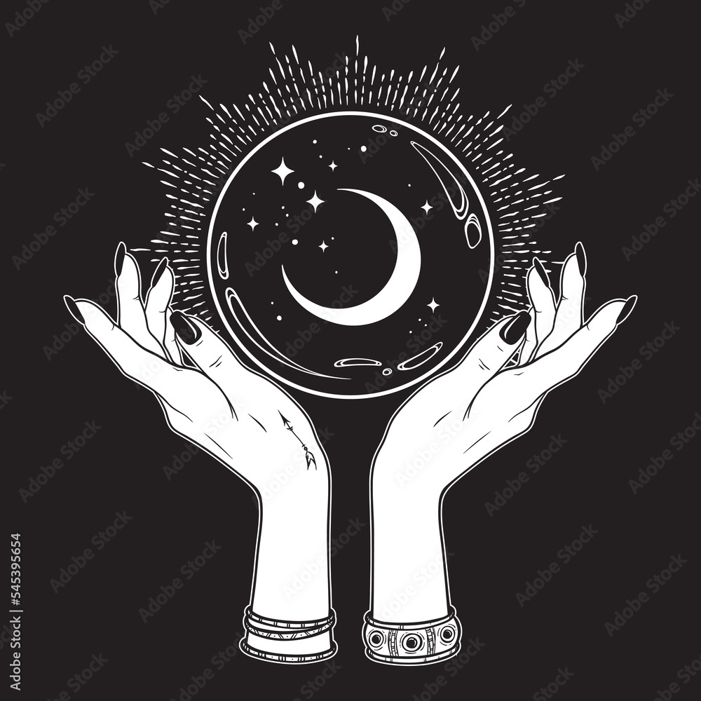 Magic crystal ball with crescent moon and stars in hands of fortune ...