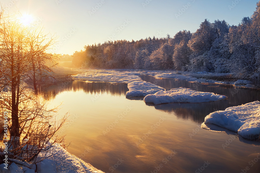 Beautiful sunrise over gorgeous winter lake, digital art