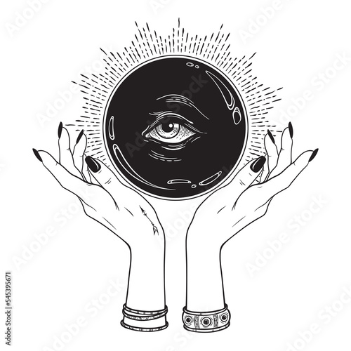 Hand drawn magic crystal ball with eye of providence in hands of fortune teller. Boho chic line art tattoo, poster or altar veil print design vector illustration.