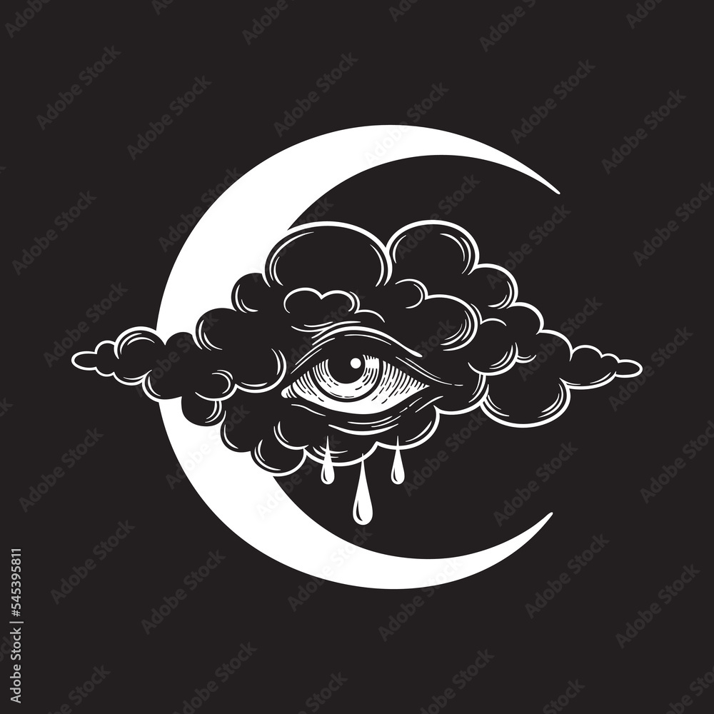 Dripping eye in the cloud with crescent moon crying skies allseeing eye of  god graphic tattoo or print design isolated vector illustration Stock  Vector  Adobe Stock