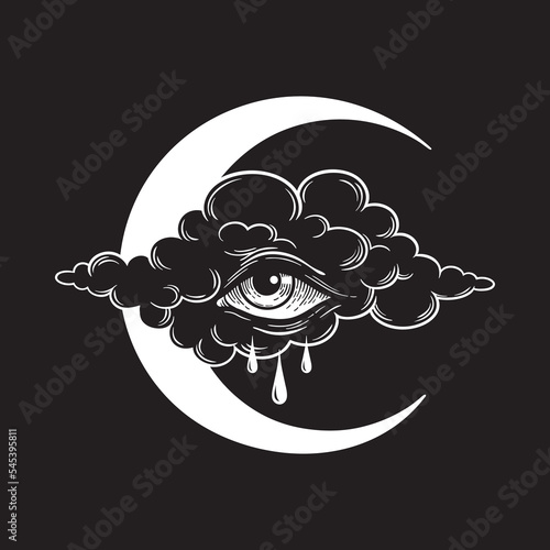 Dripping eye in the cloud with crescent moon, crying skies allseeing eye of god graphic tattoo or print design isolated vector illustration photo