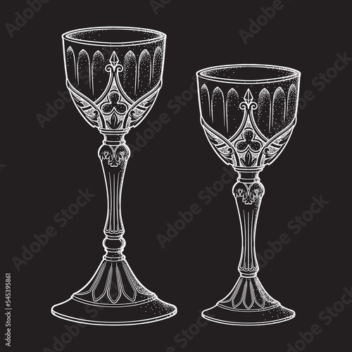 Gothic goblets or Holy grail set hand drawn line art and dot work vector illustration.
