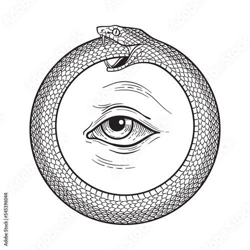 Ouroboros or uroboros serpent snake consuming its own tail and eye of provedence. Tattoo, poster or print design vector illustration
