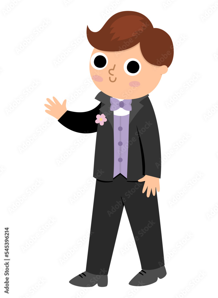 Vector groom illustration. Cute just married boy. Wedding ceremony icon. Cartoon marriage scene with newly married man. Cute gentleman in black suit with bow tie, vest, buttonhole with flower. Vector groom illustration. Cute just married boy. Wedding ceremony icon. Cartoon marriage scene with newly married man. Cute gentleman in black suit with bow tie, vest, buttonhole with flower.