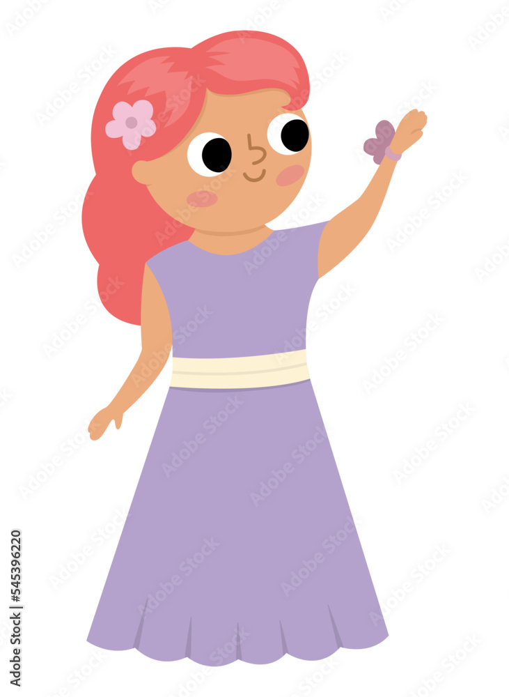 Vector bridesmaid illustration. Cute red hair girl in purple dress with flower. Wedding ceremony icon. Cartoon marriage guest. Elegant woman picture. Cute lady in smart outfit Vector bridesmaid illustration. Cute red hair girl in purple dress with flower. Wedding ceremony icon. Cartoon marriage guest. Elegant woman picture. Cute lady in smart outfit