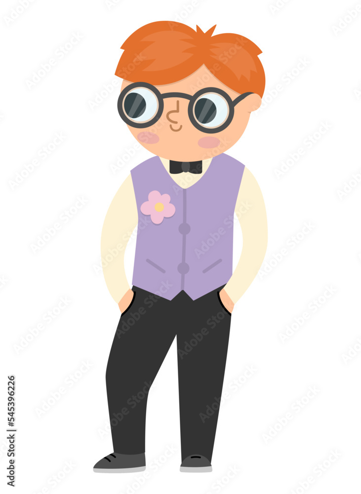 Vector bridegroom illustration. Cute red hair boy in glasses and purple vest with flower. Wedding ceremony icon. Cartoon marriage guest. Elegant man picture. Cute gentleman in smart suit.