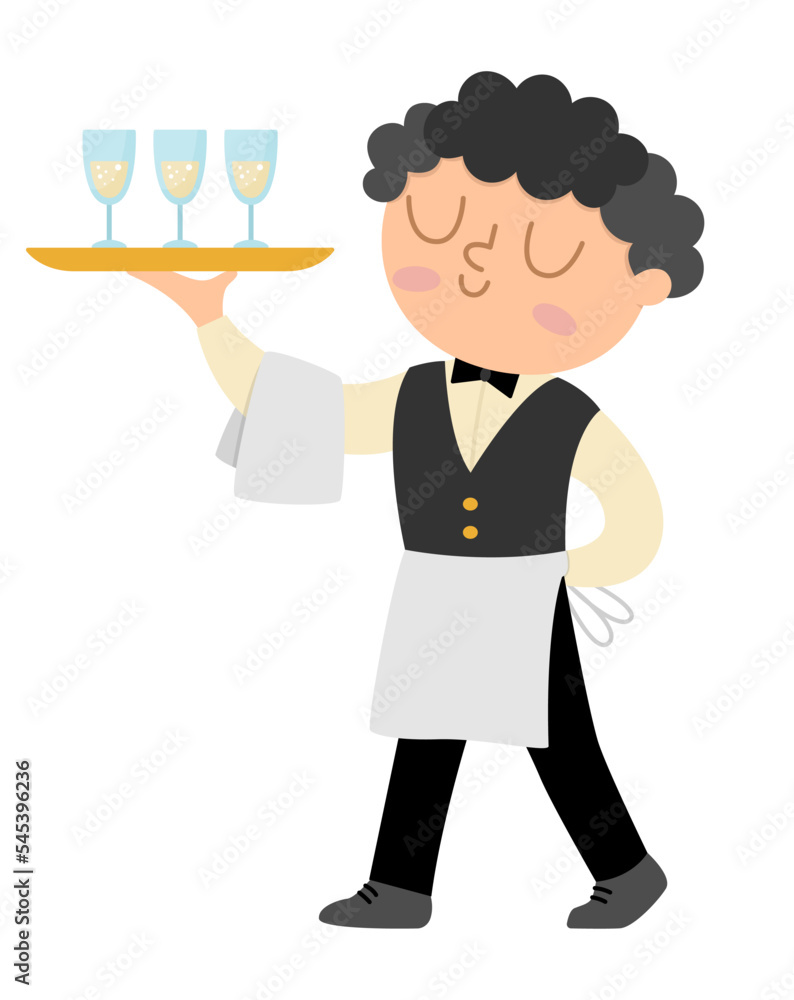 Vector waiter illustration. Cute black hair man in uniform serving sparkling drinks on a tray with towel on his arm. Wedding ceremony service boy icon. Elegant restaurant worker picture. Vector waiter illustration. Cute black hair man in uniform serving sparkling drinks on a tray with towel on his arm. Wedding ceremony service boy icon. Elegant restaurant worker picture.