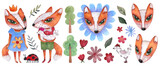 Watercolour foxes, plants, flowers and trees set for book illustrations, pattern, kids apparel or stationery design. Cute cartoon animal characters collection.