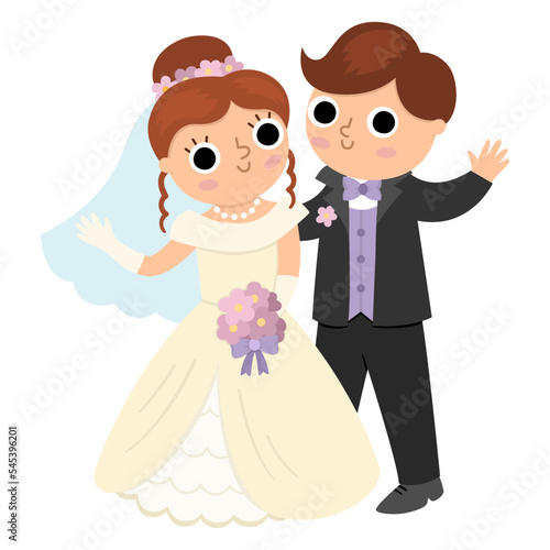 Vector illustration with bride and groom waving hands. Cute just married couple. Wedding ceremony icon. Cartoon marriage scene with newly married smiling couple greeting guests.