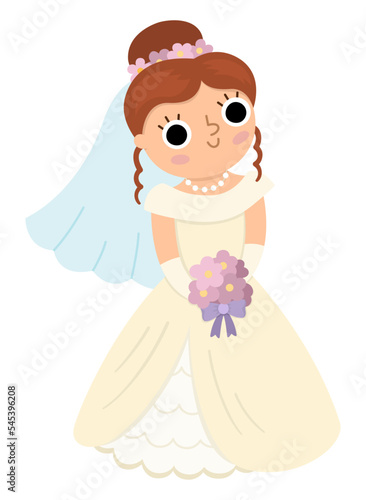 Vector bride illustration. Cute just married girl. Wedding ceremony icon. Cartoon marriage scene with newly married woman. Cute lady in bridal dress with vail, bouquet and flowers on head.