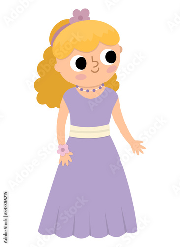 Vector bridesmaid illustration. Cute blond girl in purple dress with flower in hair. Wedding ceremony icon. Cartoon marriage guest. Elegant woman picture. Cute lady in smart outfit.