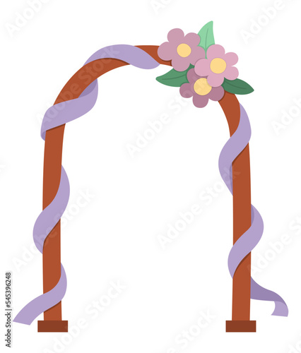 Vector wedding arch with flowers and purple ribbon. Cute marriage clipart element for bride and groom. Just married couple accessory. Cartoon ceremony illustration.