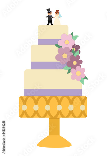 Vector wedding cake with flowers, purple ribbon, little bride and groom statuettes. Cute marriage clipart element. Just married couple dessert. Cartoon ceremony illustration