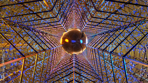 Glowing tunnel Christmas background with stars and blue lights. Happy New Year card design. 3D illustration