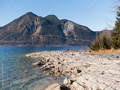 der bayerische Walchensee mit Blick auf Herzogstand und Heimgarten photo