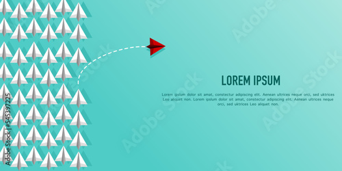Business concept. Red paper airplane flying changing direction in light green sky business team work and one different vision. Leader, New idea, boss, manager, winner concept, trend. Vector illustrati