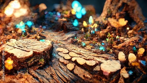 Illustration of a lovely wooden landscaping that glows. Made by AI. photo