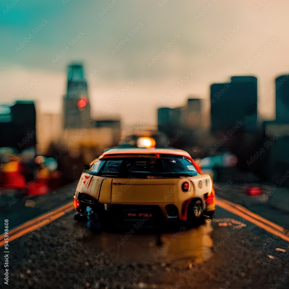 Illustration about an evening view of the city. Tilt-shift lens effect. Made by AI. Illustration about an evening view of the city. Tilt-shift lens effect. Made by AI.