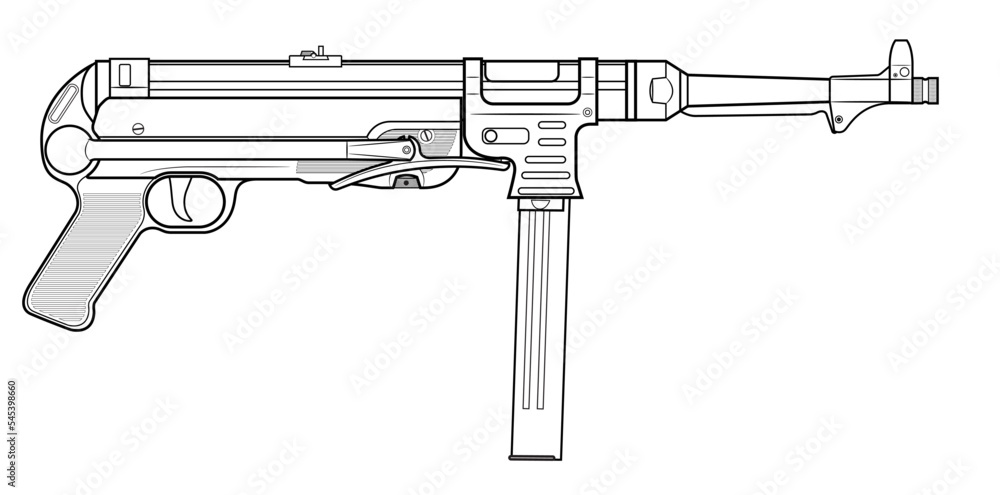 Vector illustration of the MP40 german machine gun with folded stock on the white background. Right side.