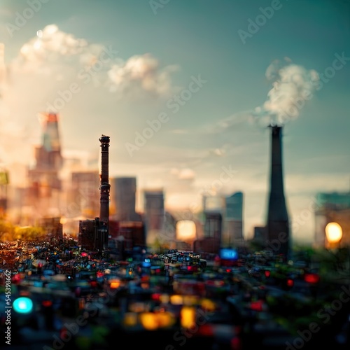 Illustration about an evening view of the city. Tilt-shift lens effect. Made by AI.