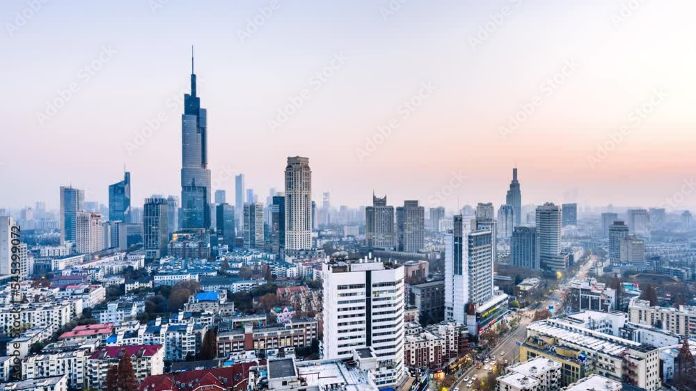 Day to night time-lapse photography of Zifeng Tower skyline in Nanjing, Jiangsu, China Day to night time-lapse photography of Zifeng Tower skyline in Nanjing, Jiangsu, China