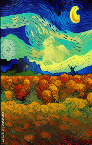 Digital painting illustration of fall landscape in Van Gogh painting style  oil imitation  autumn scene