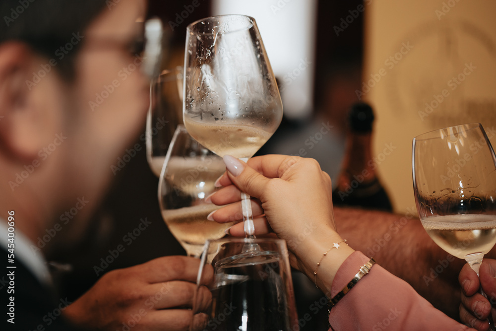 Cheers, we celebrate friendship with a glass of wine white, rose and champagne with friends and loved ones in a memorable evening. Cheers, we celebrate friendship with a glass of wine white, rose and champagne with friends and loved ones in a memorable evening.
