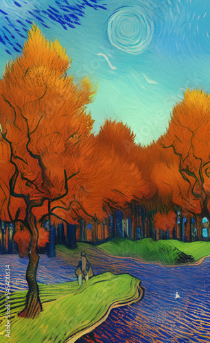 Digital painting illustration of fall landscape in Van Gogh painting style, oil imitation, autumn scene