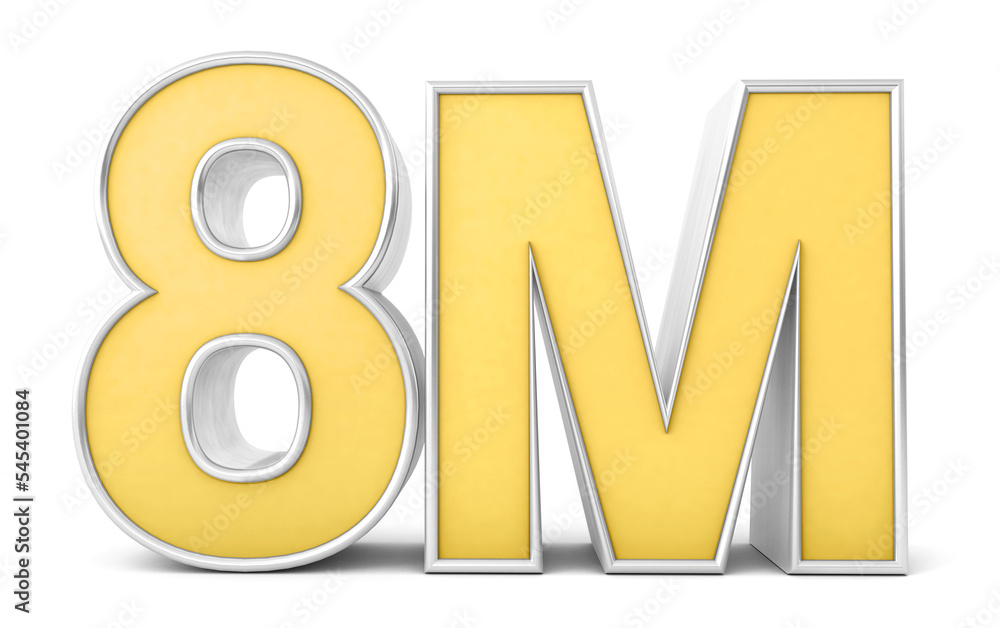 8M 3d. 8 million Views. 8 million followers isolated on white background. 3D rendering 8M 3d. 8 million Views. 8 million followers isolated on white background. 3D rendering