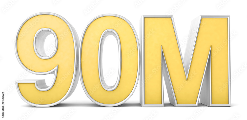 90M 3d. 90 million Views. 90 million followers isolated on white background. 3D rendering 90M 3d. 90 million Views. 90 million followers isolated on white background. 3D rendering