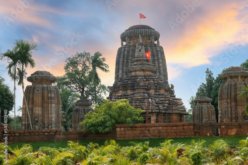 Ancient stone Lingaraja Temple of Lord Shiva at sunset built in 11th century CE at Bhubaneswar Odisha, India photo