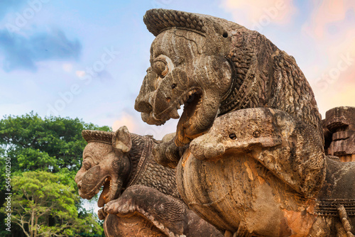 Ancient stone lion sculptures at the gateway of Konark Sun Temple at Puri, Odisha, India