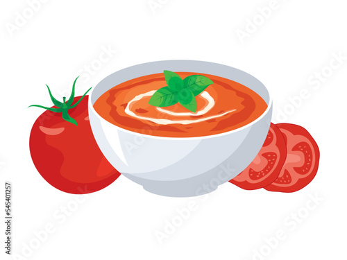 Tomato soup with cream and basil leaf icon vector. Delicious soup with fresh tomatoes icon vector isolated on a white background. Bowl of soup drawing