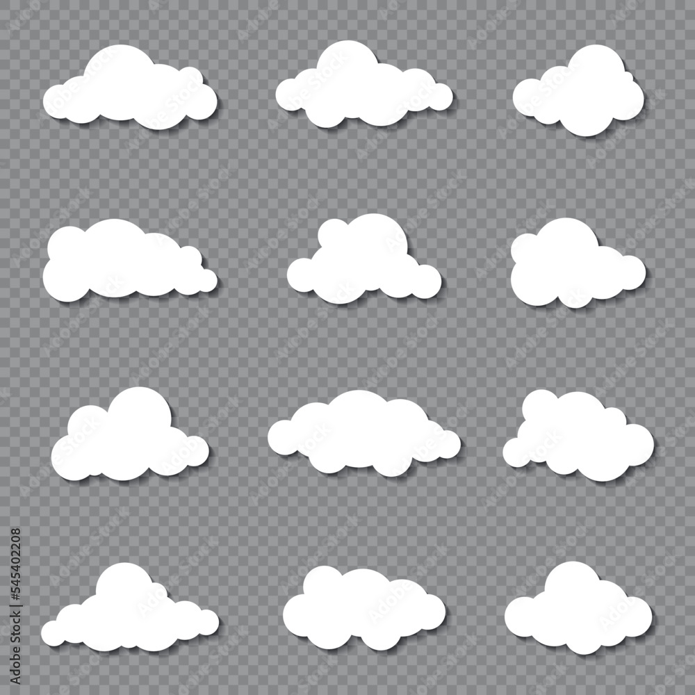 Different clouds on blue sky in origami design. Collection of white paper cut out cloud icons. Paper cloud. Weather symbols. Vector illustration