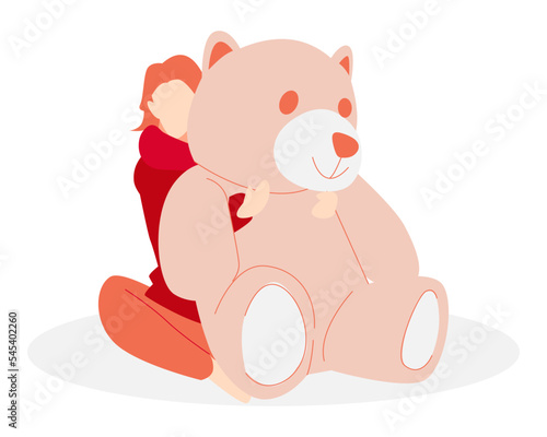girl hugging a big teddy bear. funny. suitable for the theme of toy  gift  animal  etc. flat vector illustration