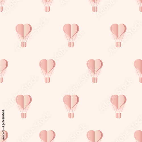 Seamless pattern with heart hot air balloon paper art style. Pattern graphic style. Cut paper effect. Vector illustration