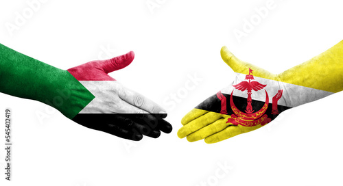 Handshake between Sudan and Brunei flags painted on hands, isolated transparent image.