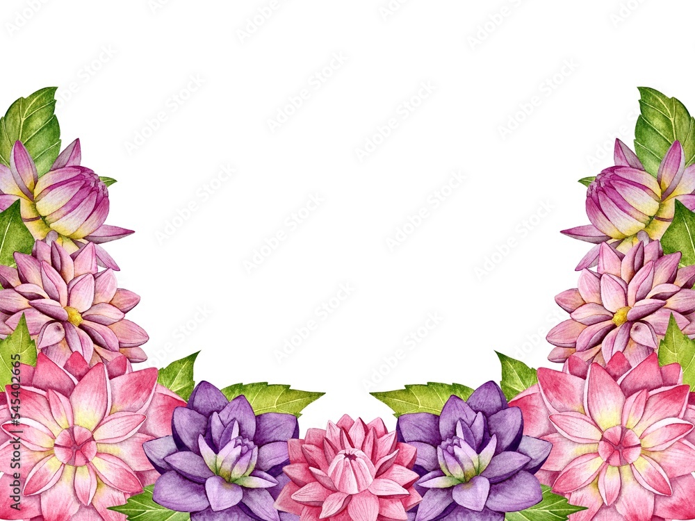 Watercolor decoration with dahlia flowers and leaves.