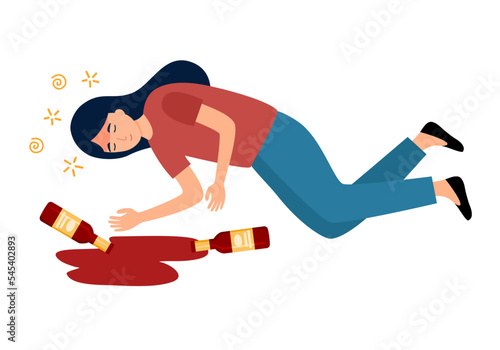 Drunk woman sleeping on the floor with beer bottle on the floor in flat design. Alcoholic character. Alcohol addiction.