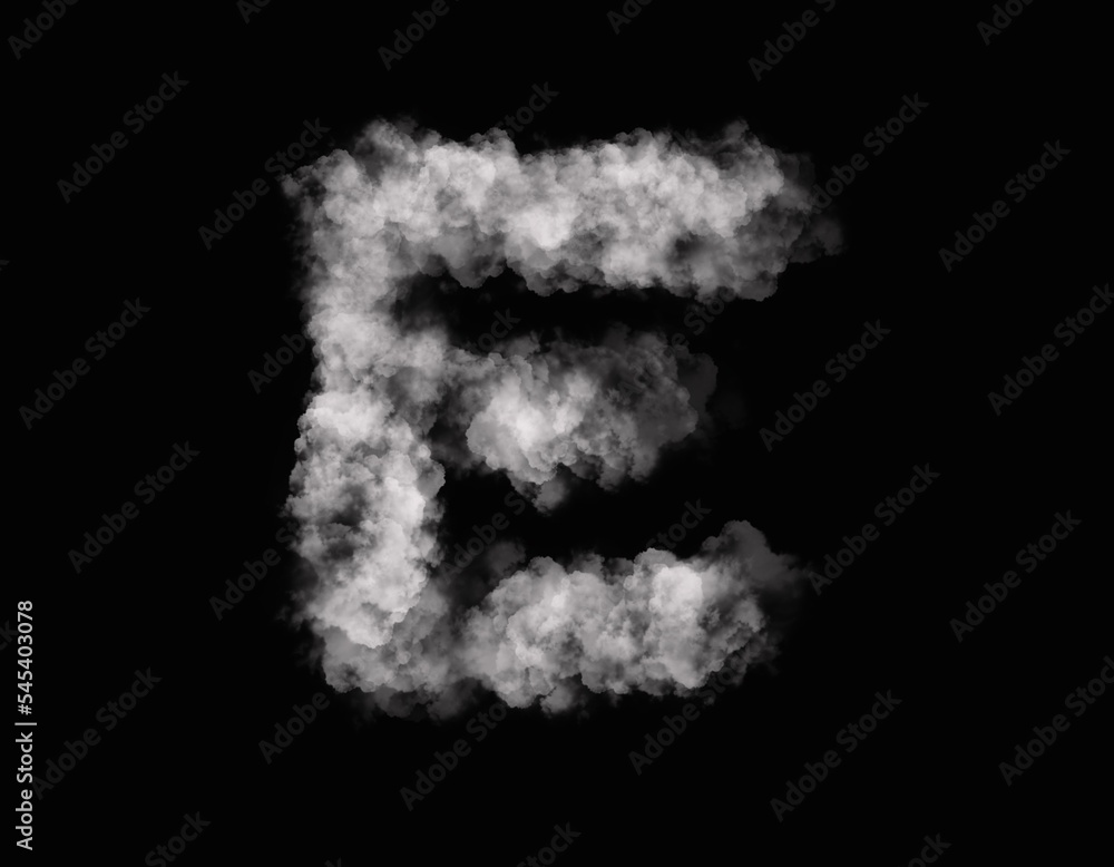 realistic smoke E alphabet spreading on dark background