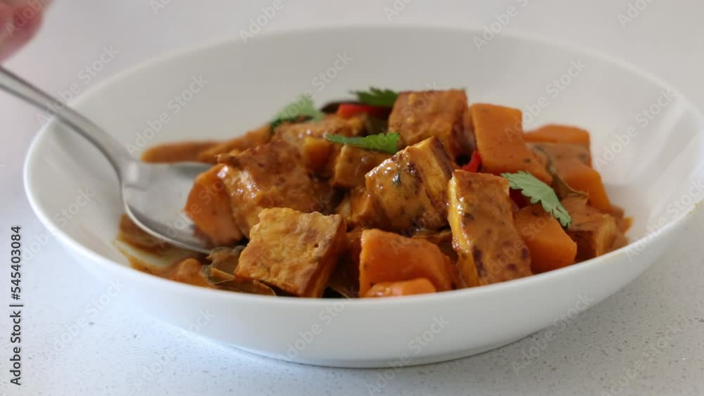 A Eating a Bowl of Vegetarian Coconut Pumpkin Curry A Eating a Bowl of Vegetarian Coconut Pumpkin Curry